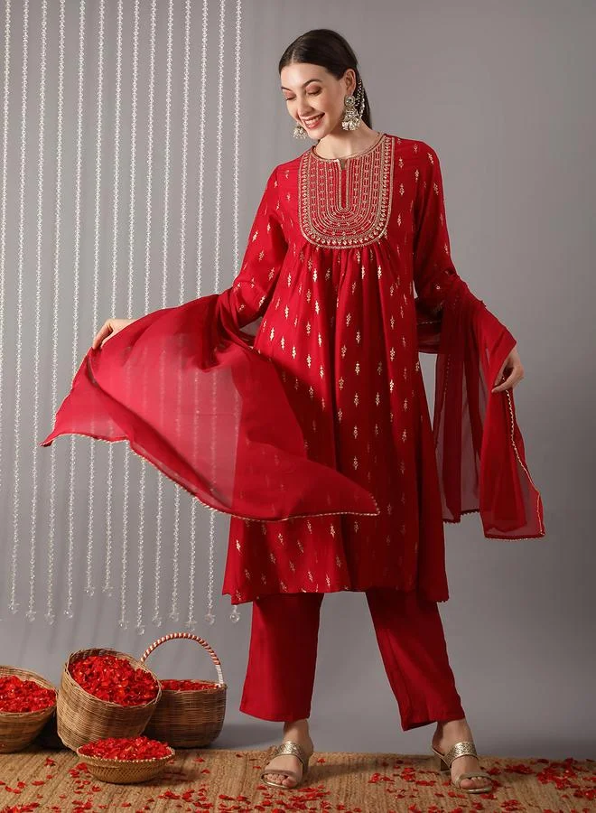 Globus  Women Red Yoke Design Gold Foil Kurta with Pant and Dupatta Set for Women | Best Price UAE